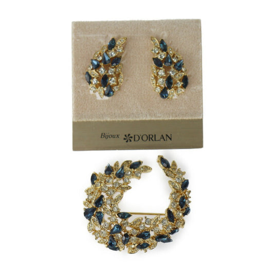 美品 D’ORLAN ドーラン イヤリング ブローチ セット ブローチ - メタル ラインストーン ゴールド ブルー系 クリア ヴィンテージ アクセサリー