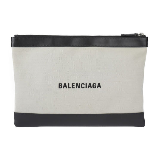 美品 BALENCIAGA バレンシアガ ネイビークリップM セカンドバッグ 373834 キャンバス レザー ナチュラル ブラック シルバー金具 クラッチバッグ ポーチ