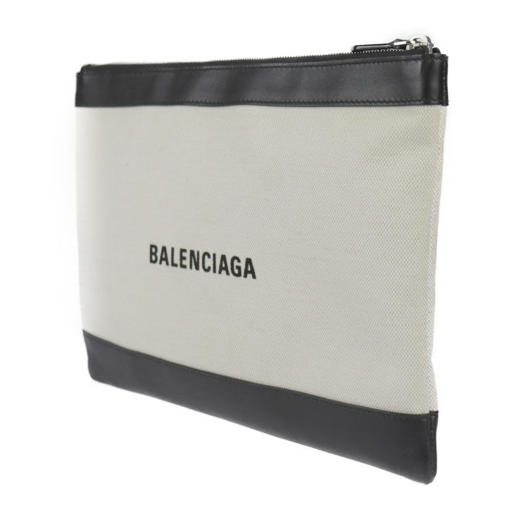 美品 BALENCIAGA バレンシアガ ネイビークリップM セカンドバッグ 373834 キャンバス レザー ナチュラル ブラック シルバー金具 クラッチバッグ ポーチ