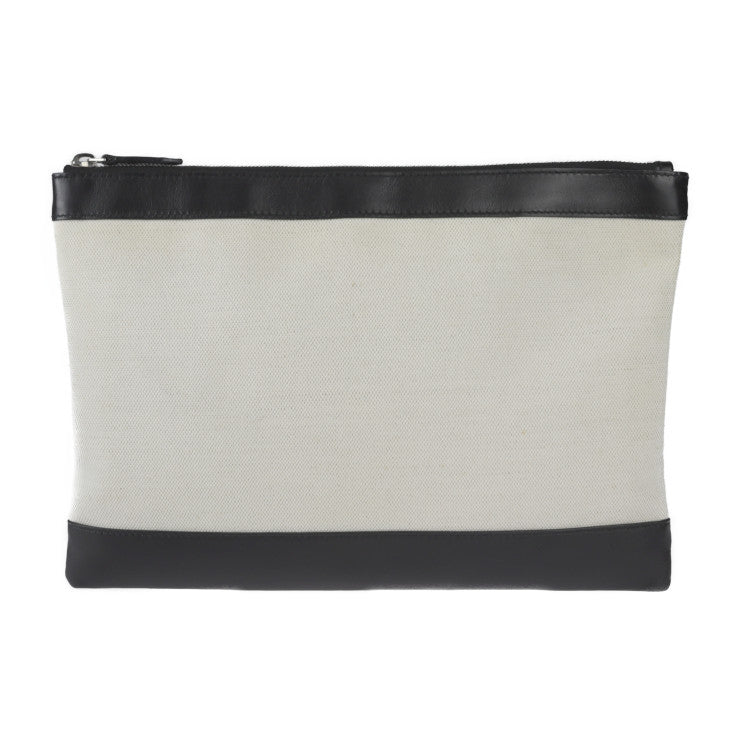 美品 BALENCIAGA バレンシアガ ネイビークリップM セカンドバッグ 373834 キャンバス レザー ナチュラル ブラック シルバー金具 クラッチバッグ ポーチ
