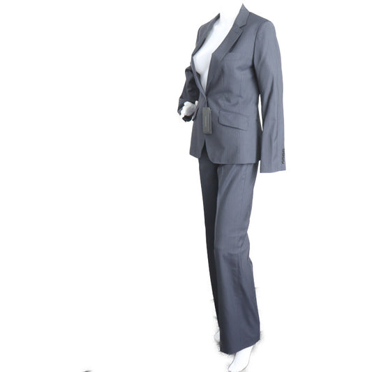 超美品 HILTON ヒルトン パンツスーツ スーツ 175180 表記サイズ ジャケット13・パンツ9 ウール100％ ブラック グレー セットアップ ビジネススーツ ストライプ 1つボタン