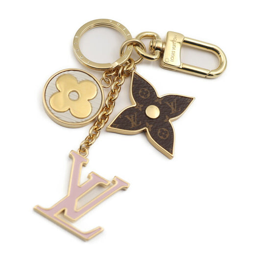 美品 LOUIS VUITTON ルイ ヴィトン スプリング ストリート キーホルダー M01187 メタル ゴールド ブラウン ピンク ホワイト LV モノグラム フラワー キーリング バッグチャーム ビトン