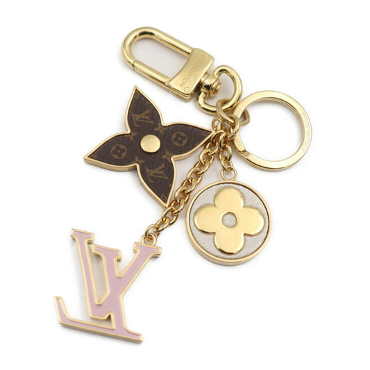 美品 LOUIS VUITTON ルイ ヴィトン スプリング ストリート キーホルダー M01187 メタル ゴールド ブラウン ピンク ホワイト LV モノグラム フラワー キーリング バッグチャーム ビトン