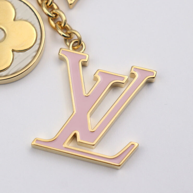 美品 LOUIS VUITTON ルイ ヴィトン スプリング ストリート キーホルダー M01187 メタル ゴールド ブラウン ピンク ホワイト LV モノグラム フラワー キーリング バッグチャーム ビトン