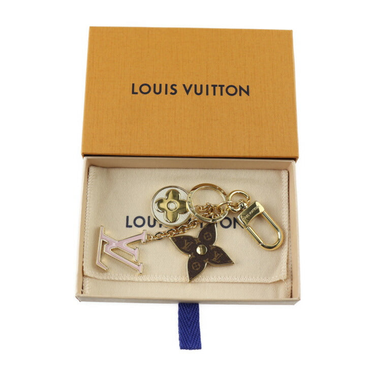 美品 LOUIS VUITTON ルイ ヴィトン スプリング ストリート キーホルダー M01187 メタル ゴールド ブラウン ピンク ホワイト LV モノグラム フラワー キーリング バッグチャーム ビトン