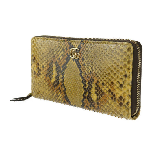 GUCCI GG Marmont Long Wallet 456117 in good condition, made of python, brown and yellow, gold hardware, round zipper, and exotic leather