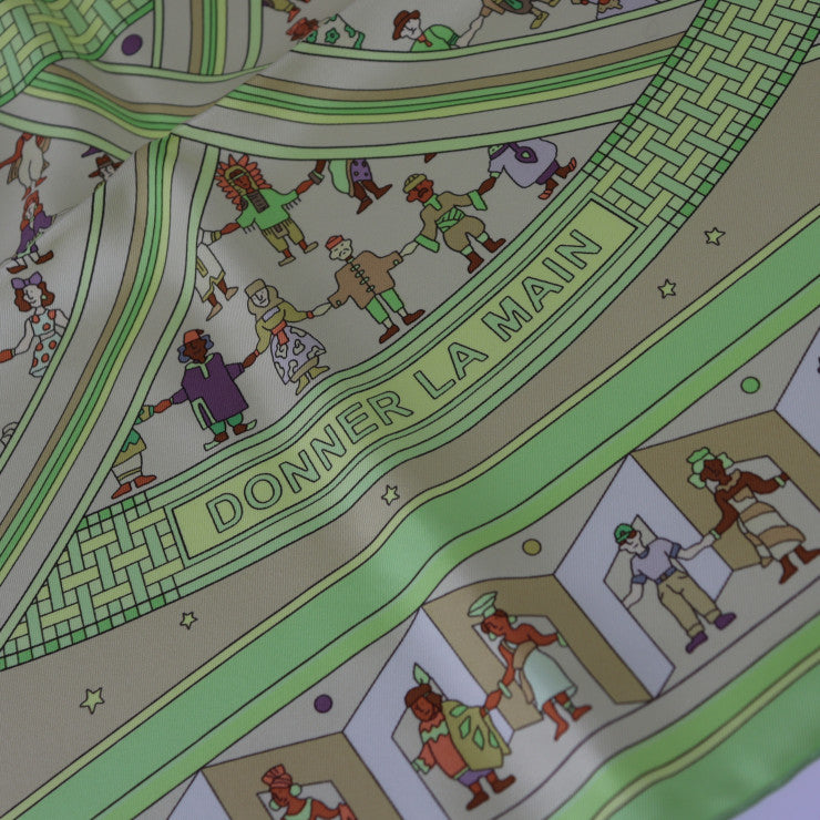 超美品 HERMES エルメス DONNER LA MAIN 手を差しのべる カレ90 スカーフ - シルク グリーン系 マルチカラー 大判