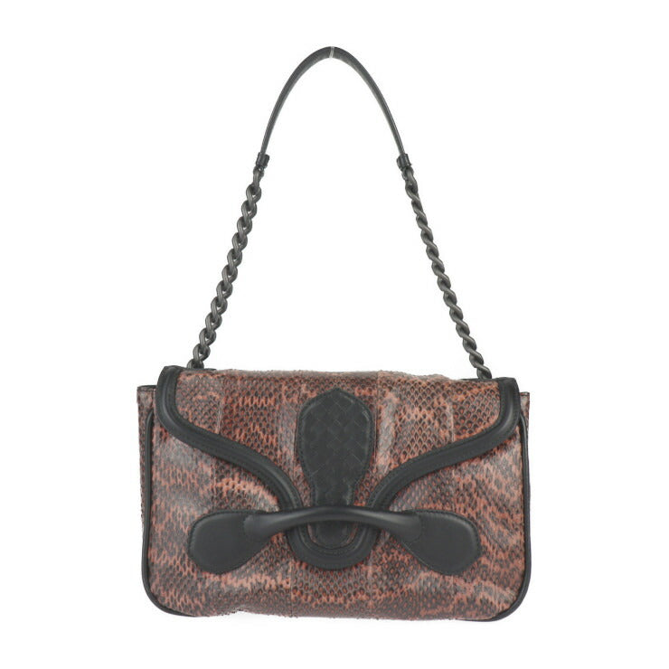 超美品 BOTTEGAVENETA ボッテガヴェネタ リアルト イントレチャート ショルダーバッグ 363799 パイソン レザー ピンクブラウン系 ブラック チェーンショルダー