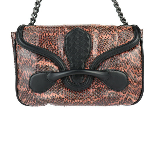 超美品 BOTTEGAVENETA ボッテガヴェネタ リアルト イントレチャート ショルダーバッグ 363799 パイソン レザー ピンクブラウン系 ブラック チェーンショルダー