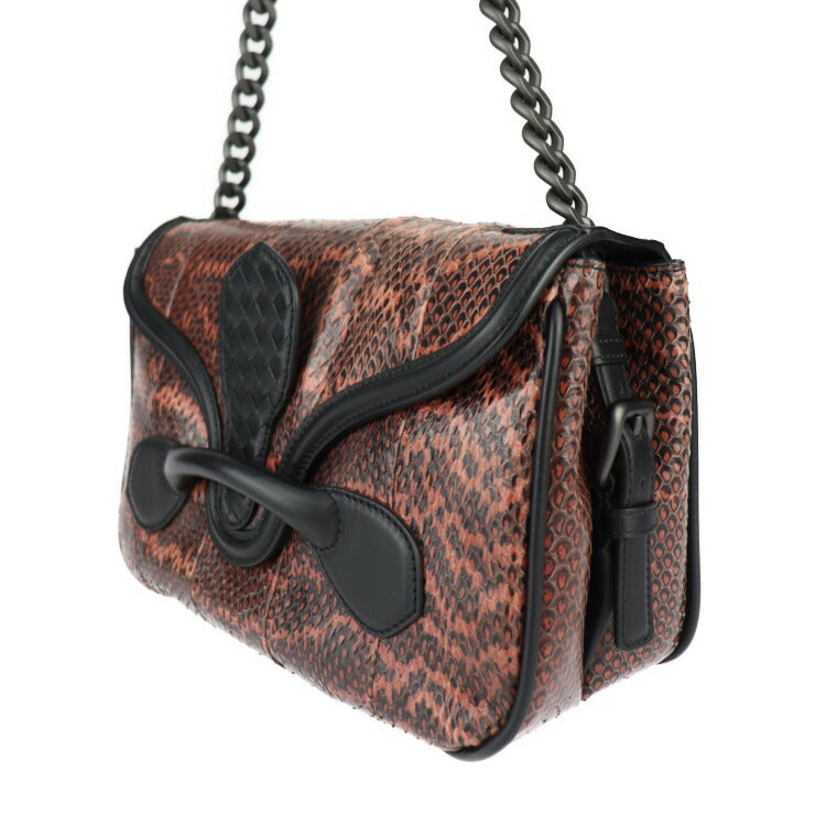 超美品 BOTTEGAVENETA ボッテガヴェネタ リアルト イントレチャート ショルダーバッグ 363799 パイソン レザー ピンクブラウン系 ブラック チェーンショルダー