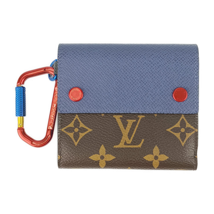 美品 LOUIS VUITTON ルイ ヴィトン 二つ折り財布 コンパクト･ウォレット by キム・ジョーンズ M63041 ブラウン ネイビー ブルー マルチカラー金具 モノグラムキャンバス タイガレザー ユニセックス カラビナ付き 18SS 限定