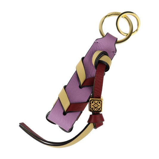 Very good condition LOEWE braided key ring anagram key holder - leather purple beige burgundy bag charm gold hardware