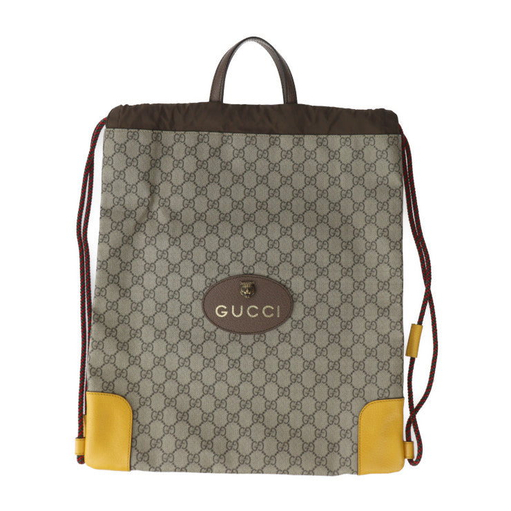 美品 GUCCI グッチ ドローストリングバッグパック GGスプリーム アングリーキャット リュック・デイパック 473872 PVC レザー ベージュ イエロー ブラウン キャットヘッド アングリーキャット タイガー