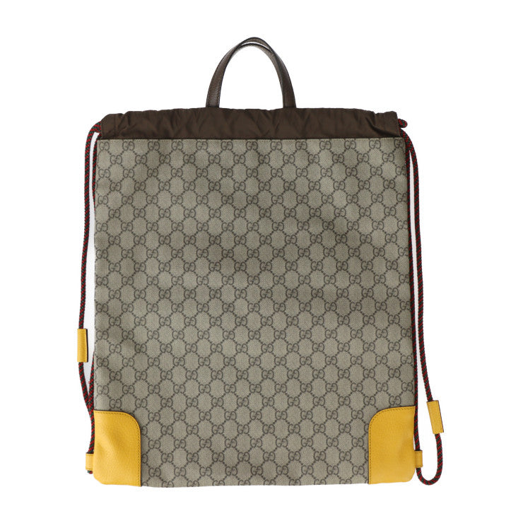 美品 GUCCI グッチ ドローストリングバッグパック GGスプリーム アングリーキャット リュック・デイパック 473872 PVC レザー ベージュ イエロー ブラウン キャットヘッド アングリーキャット タイガー