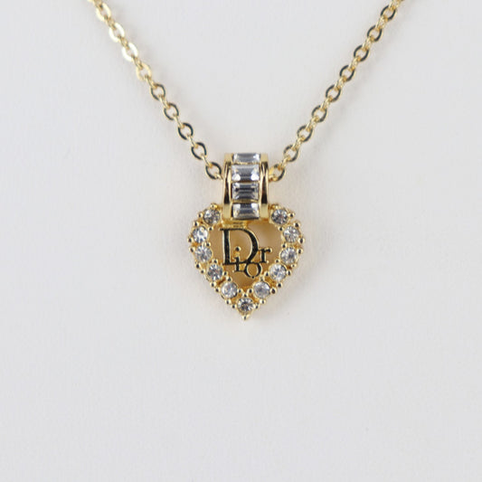 超美品 Christian Dior クリスチャンディオール ネックレス ロゴ ハート - ゴールド メタル ラインストーン レディース ペンダント