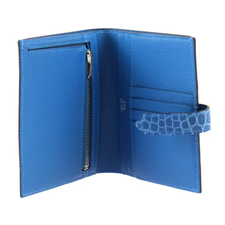 超美品 HERMES エルメス ベアン コンパクト タッチ 二つ折り財布 - ヴォーエプソン アリゲーター ミコノス ブルーゼリージュ シルバー金具 Z刻印 クロコダイル