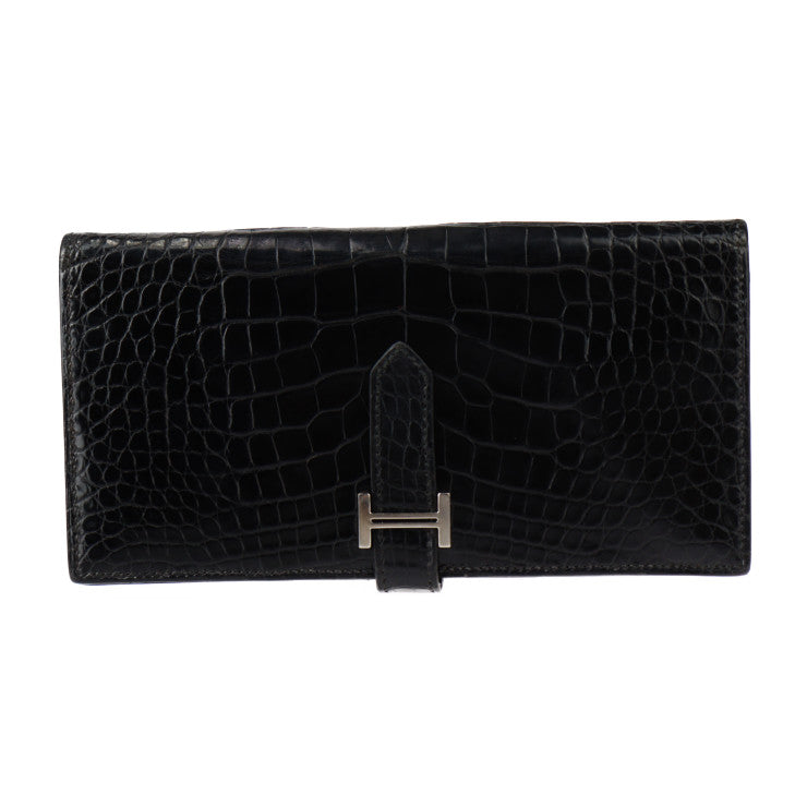HERMES エルメス ベアン スフレ 長財布 - アリゲーター ブラック シルバー金具 二つ折り財布 □J刻印