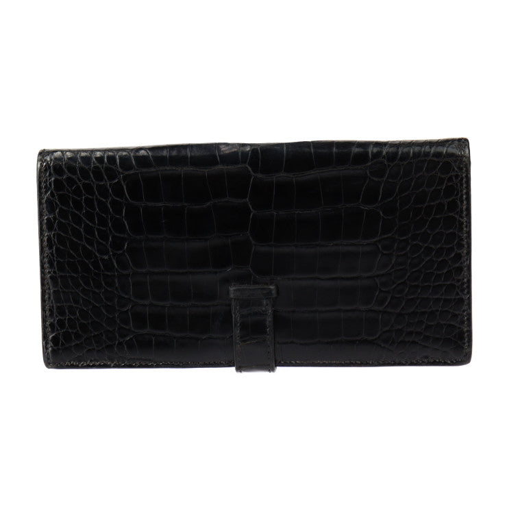 HERMES エルメス ベアン スフレ 長財布 - アリゲーター ブラック シルバー金具 二つ折り財布 □J刻印