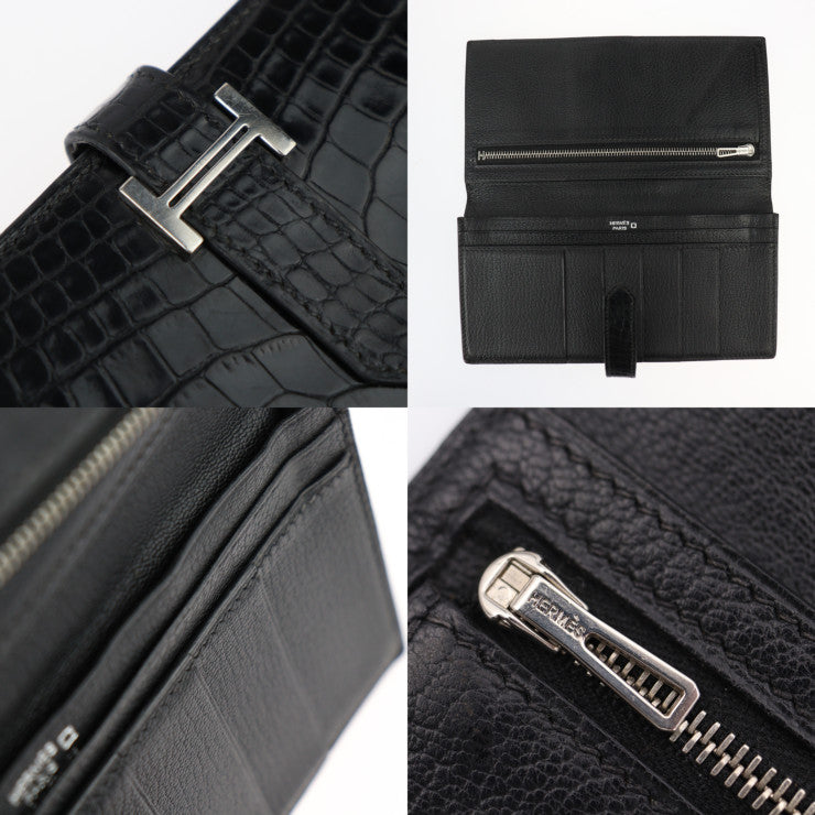 HERMES エルメス ベアン スフレ 長財布 - アリゲーター ブラック シルバー金具 二つ折り財布 □J刻印