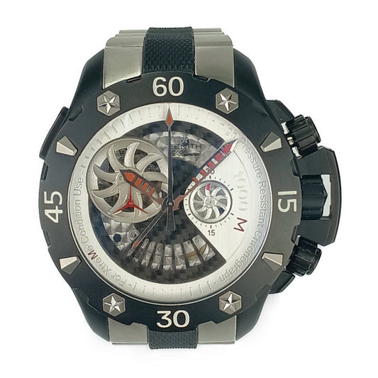 美品 ZENITH ゼニス 腕時計 デファイ エクストリーム オープン クロノグラフ 96.0525.4021 / 21.M525 ブラック シルバー スケルトン文字盤 チタン カーボン アルミニウム メンズ 自動巻き