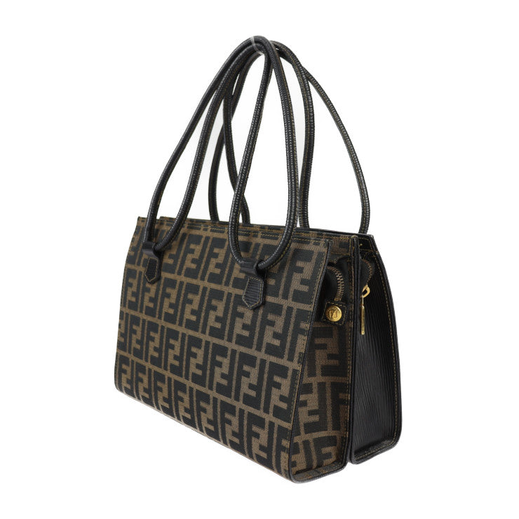 美品 FENDI フェンディ 2WAYバッグ SAS ハンドバッグ - キャンバス レザー ブラウン系 ブラック ゴールド金具 ショルダーバッグ トートバッグ ズッカ柄 ヴィンテージ