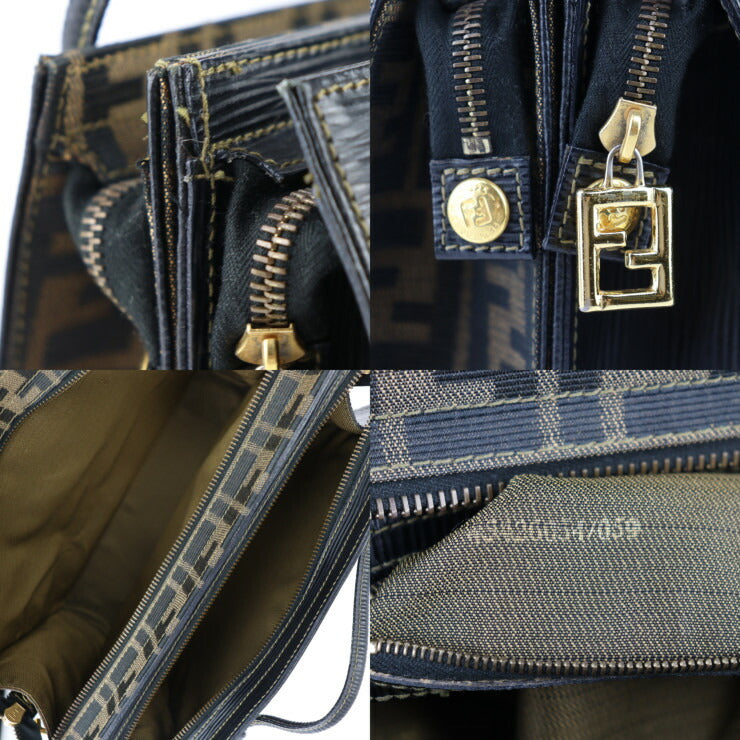 美品 FENDI フェンディ 2WAYバッグ SAS ハンドバッグ - キャンバス レザー ブラウン系 ブラック ゴールド金具 ショルダーバッグ トートバッグ ズッカ柄 ヴィンテージ