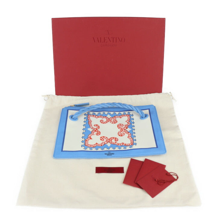 超美品 Valentino Garavani ヴァレンティノ ガラヴァーニ ホノルル ポーチ セカンドバッグ UW2P0U84 キャンバス ライトブルー アイボリー オレンジ クラッチバッグ