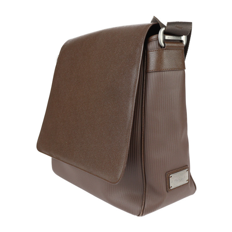 美品 BVLGARI ブルガリ メッセンジャーバッグ ミレリゲ ショルダーバッグ 29754 PVC レザー ブラウン マットシルバー金具 フラップ ロゴプレート