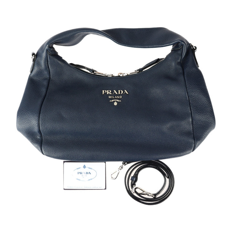 美品 PRADA プラダ VITELLO PHENIX ショルダーバッグ 1BC133 レザー BALTICO ネイビー シルバー金具 2WAY ワンショルダー