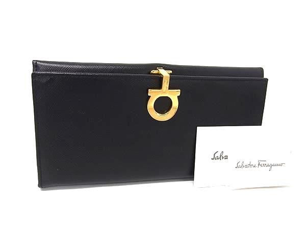 Salvatore Ferragamo フェラガモ 長財布 ガンチーニ 22 0120 ブラック系 カーフレザー レディース ゴールド金具 二つ折り財布 超美品