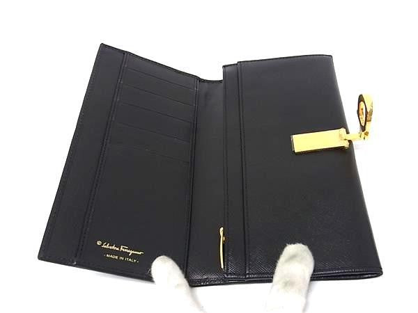 Salvatore Ferragamo フェラガモ 長財布 ガンチーニ 22 0120 ブラック系 カーフレザー レディース ゴールド金具 二つ折り財布 超美品