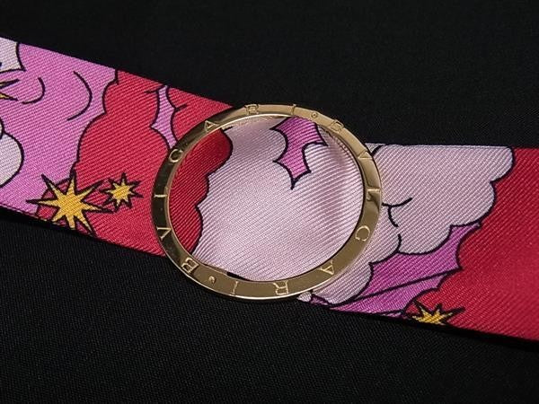 BVLGARI ブルガリ リボンスカーフ スカーフ＆スカーフリング セット ピンク系マルチカラー ゴールド シルク100％ メタル レディース フリンジ付き 美品