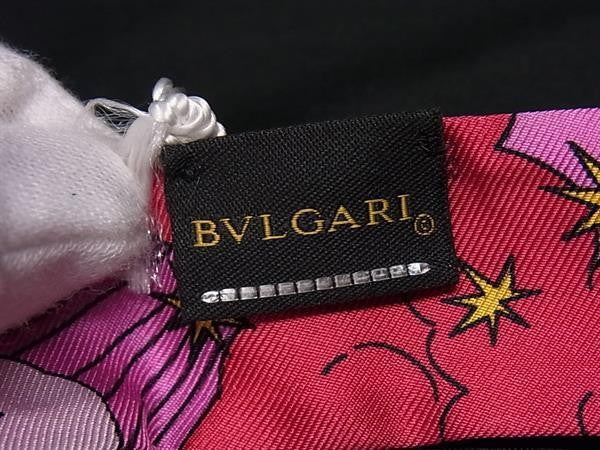BVLGARI ブルガリ リボンスカーフ スカーフ＆スカーフリング セット ピンク系マルチカラー ゴールド シルク100％ メタル レディース フリンジ付き 美品