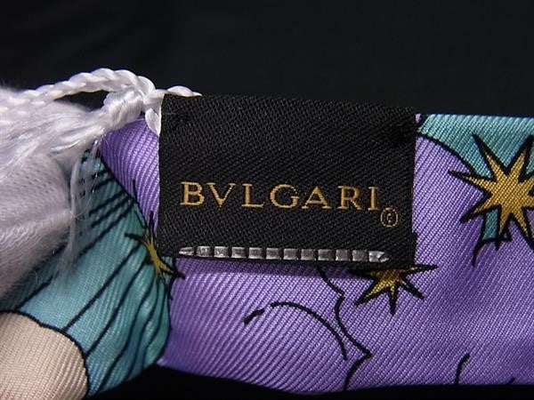 BVLGARI ブルガリ リボンスカーフ スカーフ＆スカーフリング セット パープル系マルチカラー ゴールド シルク100％ メタル レディース フリンジ付き 美品
