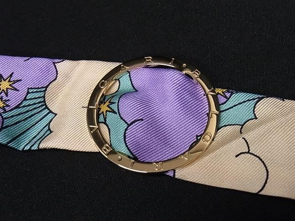 BVLGARI ブルガリ リボンスカーフ スカーフ＆スカーフリング セット パープル系マルチカラー ゴールド シルク100％ メタル レディース フリンジ付き 美品