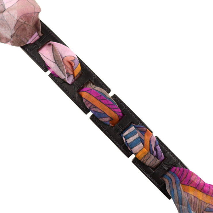 新品未使用展示品 HERMES エルメス リボン ブレスレット petit h プティアッシュ ブレスレット - アリゲーター シルク ブラウン系 パープル系 マルチカラー クロコ