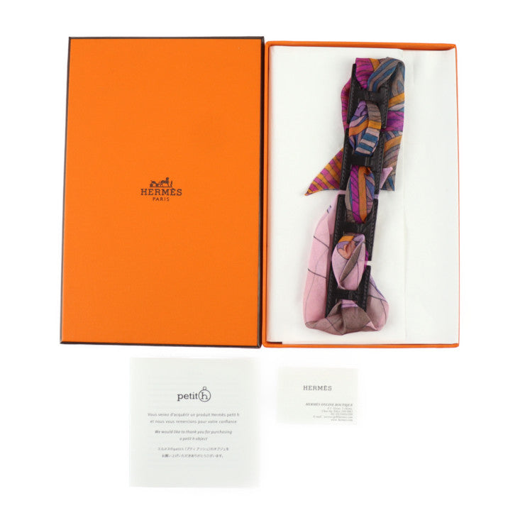 新品未使用展示品 HERMES エルメス リボン ブレスレット petit h プティアッシュ ブレスレット - アリゲーター シルク ブラウン系 パープル系 マルチカラー クロコ