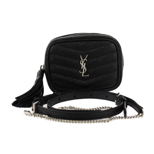 超美品 SAINT LAURENT PARIS サンローランパリ ベイビー ルー ポーチ ショルダーバッグ 657495 グレインレザー ブラック シルバー金具 チェーン タッセル ポシェット ベルトバッグ