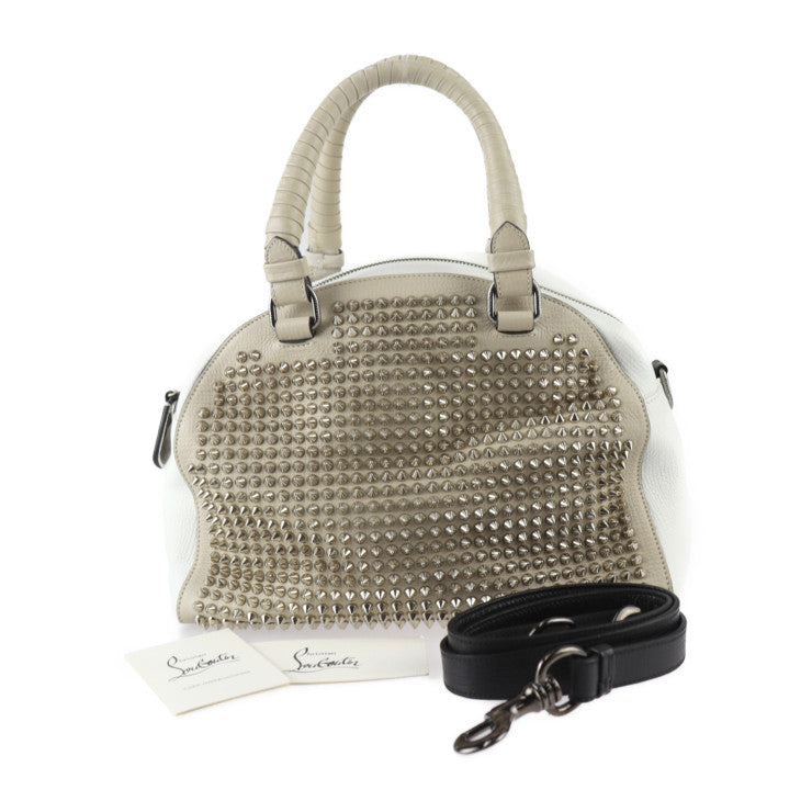 Christian Louboutin クリスチャンルブタン パネトーネ スモール ボストン ハンドバッグ 1135073 カーフレザー ベージュ ホワイト スパイクスタッズ 2WAY ショルダーバッグ