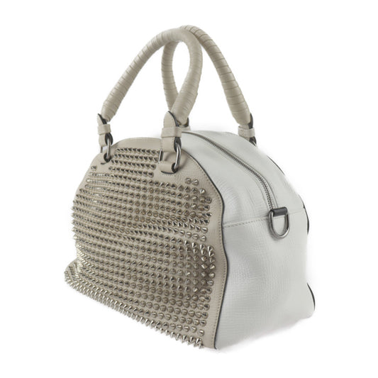 Christian Louboutin クリスチャンルブタン パネトーネ スモール ボストン ハンドバッグ 1135073 カーフレザー ベージュ ホワイト スパイクスタッズ 2WAY ショルダーバッグ