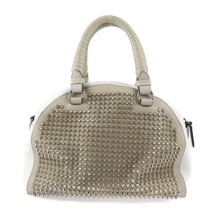 Christian Louboutin クリスチャンルブタン パネトーネ スモール ボストン ハンドバッグ 1135073 カーフレザー ベージュ ホワイト スパイクスタッズ 2WAY ショルダーバッグ