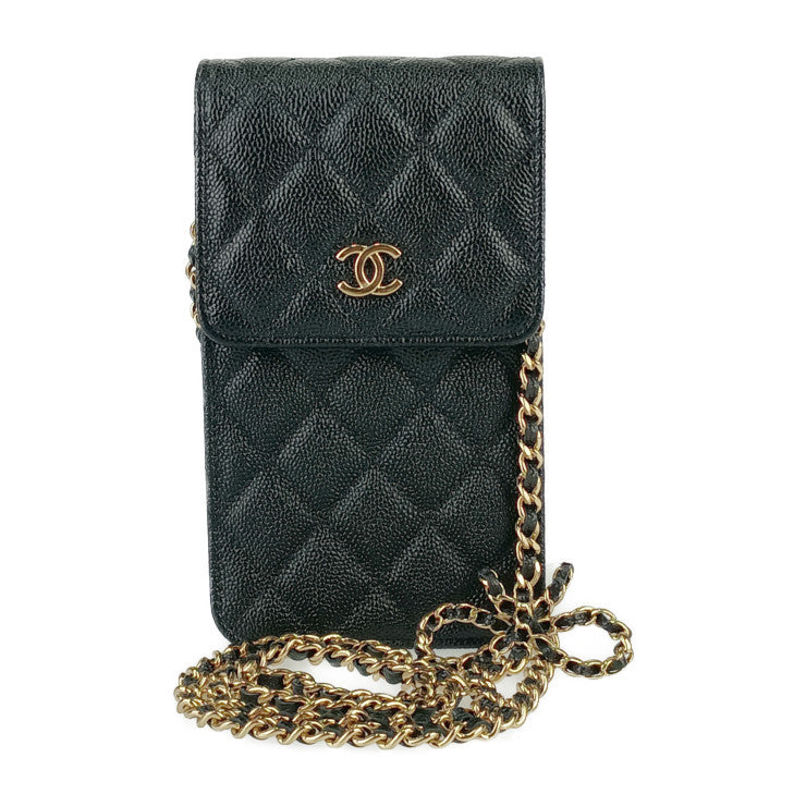 美品 CHANEL シャネル ショルダーバッグ マトラッセ フォンホルダー AP3307 ブラック ゴールド金具 キャビアスキン レディース リボンチェーン ポシェット キルティング
