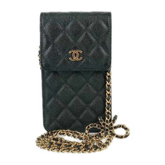 美品 CHANEL シャネル ショルダーバッグ マトラッセ フォンホルダー AP3307 ブラック ゴールド金具 キャビアスキン レディース リボンチェーン ポシェット キルティング