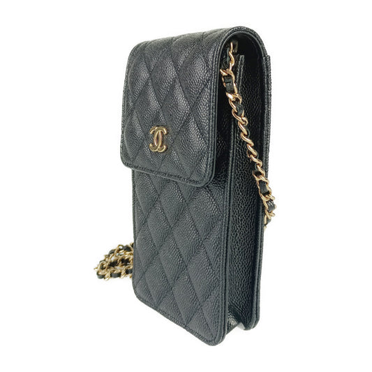 美品 CHANEL シャネル ショルダーバッグ マトラッセ フォンホルダー AP3307 ブラック ゴールド金具 キャビアスキン レディース リボンチェーン ポシェット キルティング
