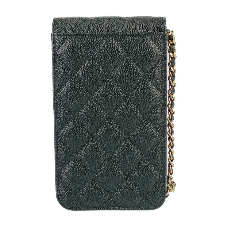 美品 CHANEL シャネル ショルダーバッグ マトラッセ フォンホルダー AP3307 ブラック ゴールド金具 キャビアスキン レディース リボンチェーン ポシェット キルティング