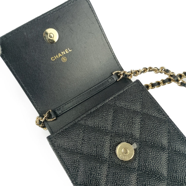 美品 CHANEL シャネル ショルダーバッグ マトラッセ フォンホルダー AP3307 ブラック ゴールド金具 キャビアスキン レディース リボンチェーン ポシェット キルティング