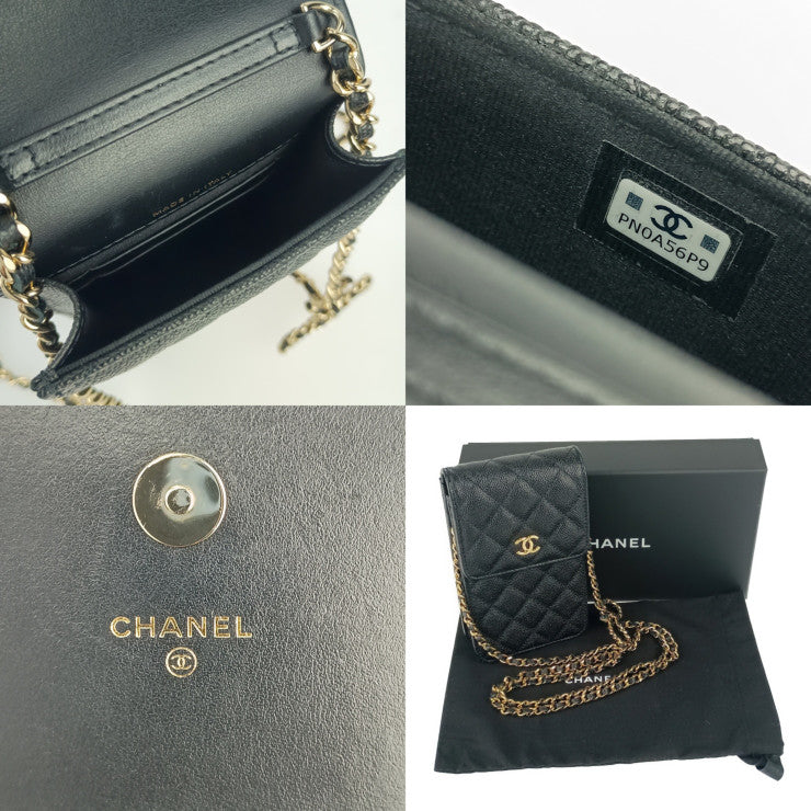 美品 CHANEL シャネル ショルダーバッグ マトラッセ フォンホルダー AP3307 ブラック ゴールド金具 キャビアスキン レディース リボンチェーン ポシェット キルティング