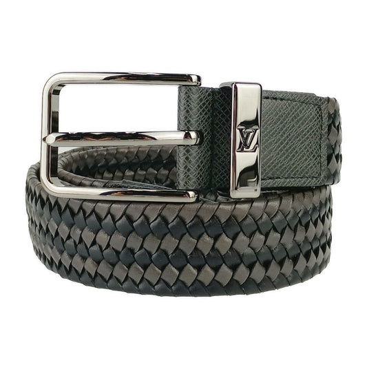 超美品 LOUIS VUITTON ルイ ヴィトン ベルト サンチュール・ポンヌフ ブレイデッド 35MM M0377 ブラック系 グレー系 シルバー金具 メンズ 編み込み
