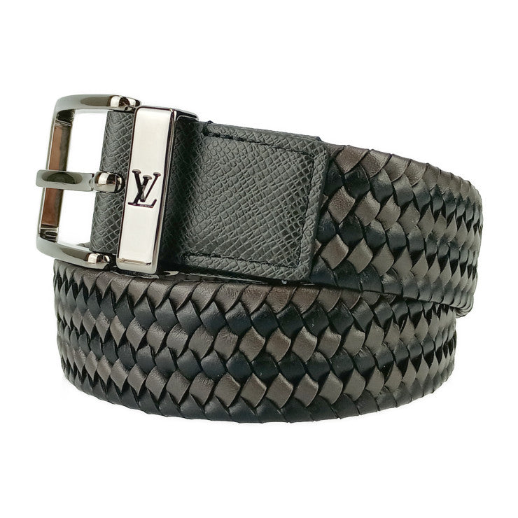超美品 LOUIS VUITTON ルイ ヴィトン ベルト サンチュール・ポンヌフ ブレイデッド 35MM M0377 ブラック系 グレー系 シルバー金具 メンズ 編み込み