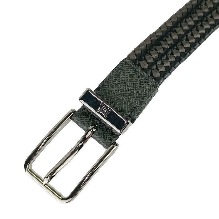 超美品 LOUIS VUITTON ルイ ヴィトン ベルト サンチュール・ポンヌフ ブレイデッド 35MM M0377 ブラック系 グレー系 シルバー金具 メンズ 編み込み